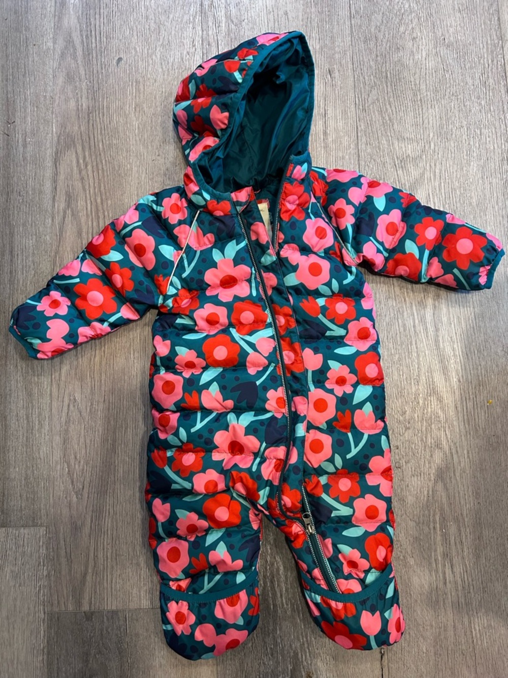 Hanna Andersson Teal Floral Infant Snowsuit with Pink Accents